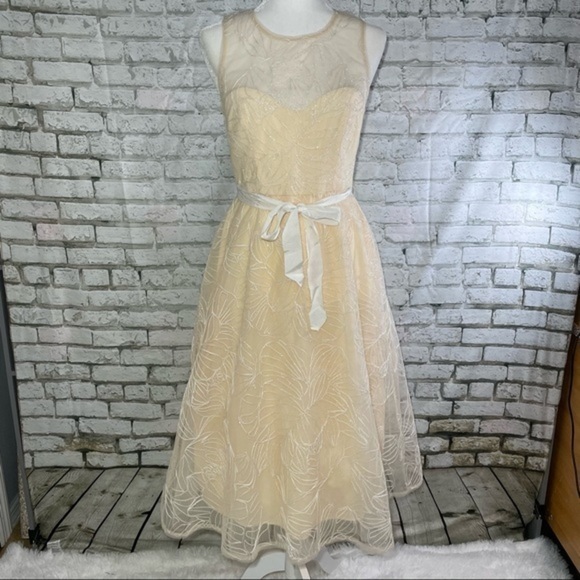 BCBG Off White Sheer Yoke MIDI Dress 4 - Picture 4 of 16